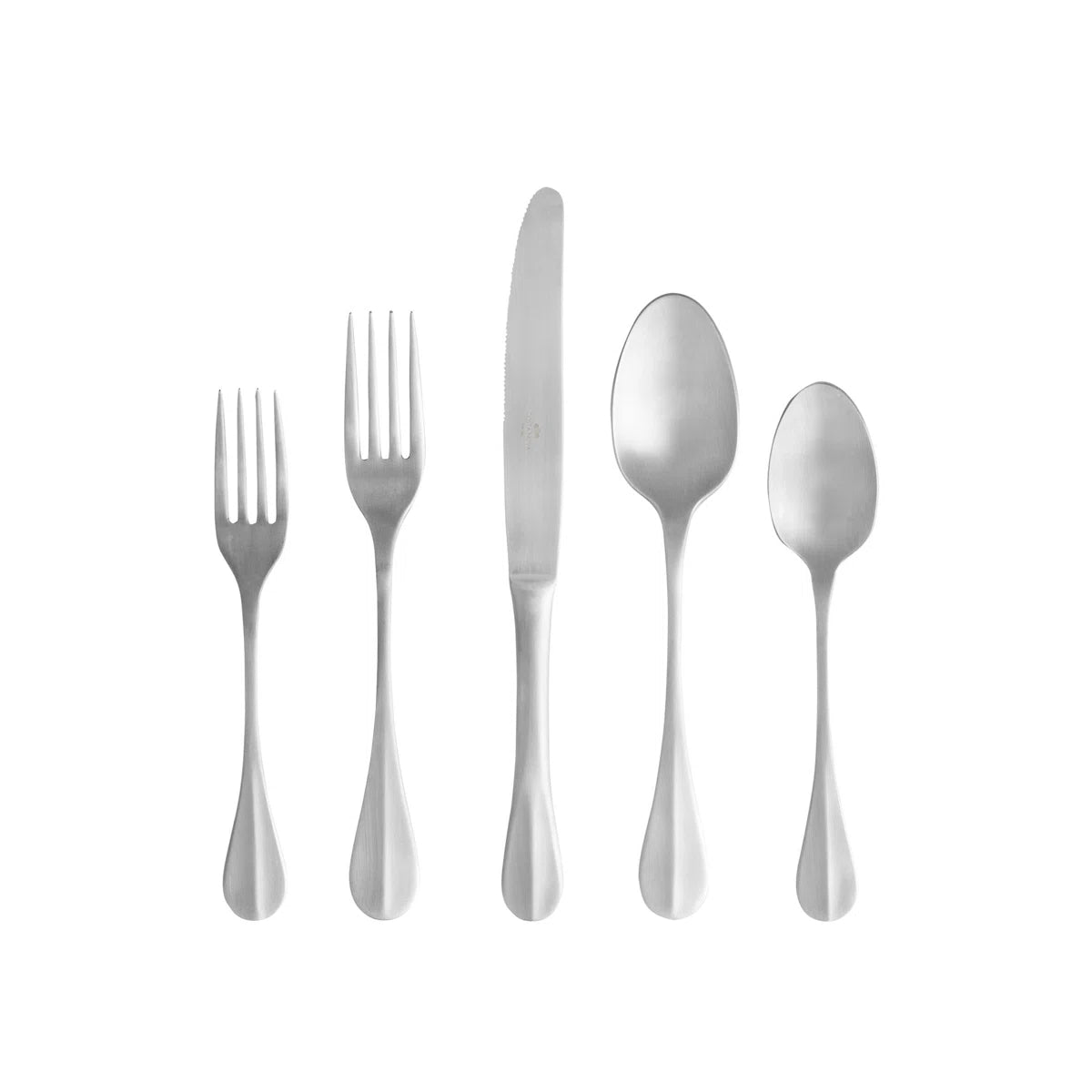 Five pieces of Costa Nova "Nau - Brushed Nickel" stainless flatware—including two forks, a knife, a tablespoon, and a teaspoon from Costa Nova—are arranged side by side on a plain white background.
