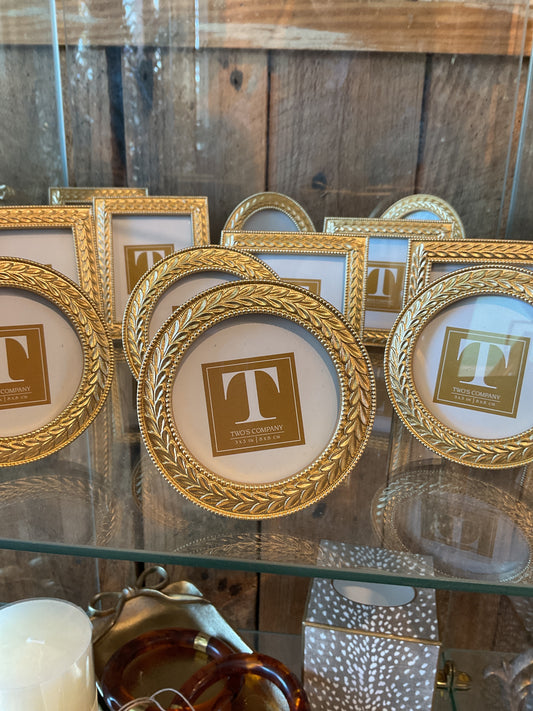 Two's Company Gold Mini Frames collection with ornate gold rope borders in round and rectangular shapes