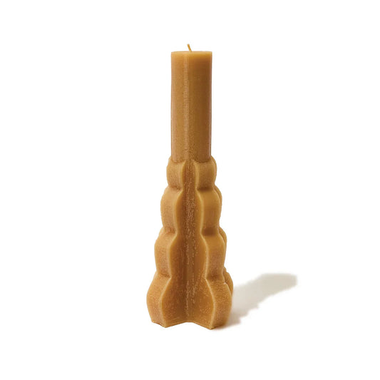 Skeem Cinder Citronella 9" Taper in yuzu, tall ribbed candle with geometric base detail