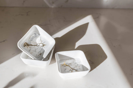 Lynn & Liana Resin Accented Ceramic Dipping Bowls in white with gray marble resin detail, nested together