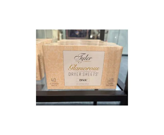 Tyler Glamorous Diva Dryer Sheets box with tan packaging and white label, 40 sheets