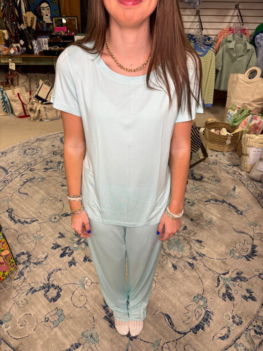 Boody Goodnight Sleep Tee in seafoam worn as short-sleeve pajama top