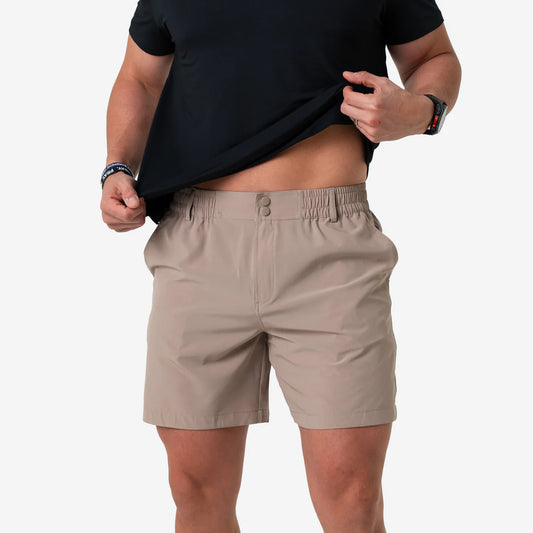 Burlebo Everyday Short 5.5" in khaki worn with black tee, front detail