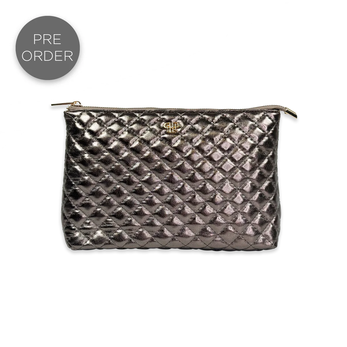 PurseN Everyday Sleek quilted cosmetic pouch in metallic gunmetal gray