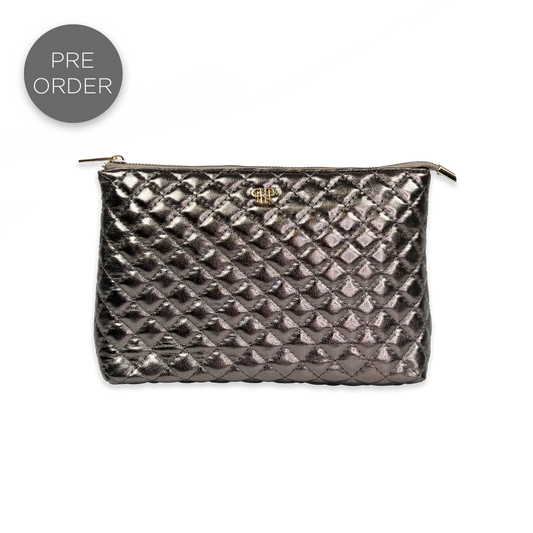 PurseN Everyday Sleek quilted cosmetic pouch in metallic gunmetal gray