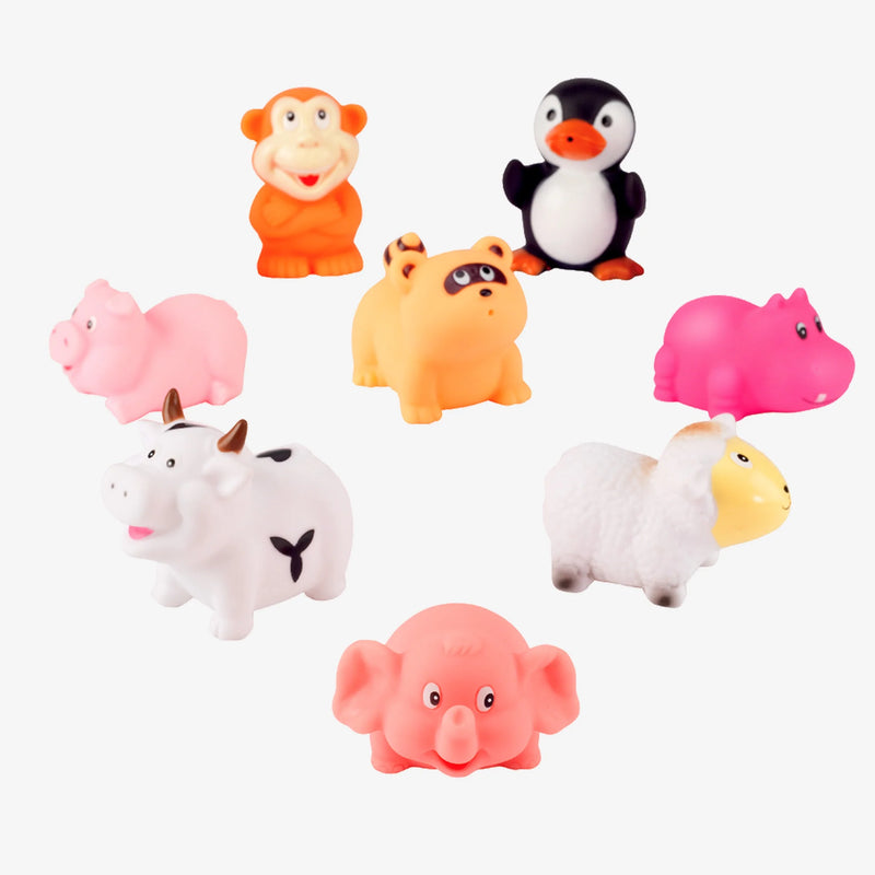 Elegant Baby bath toys collection, eight colorful rubber animal figurines in assorted designs