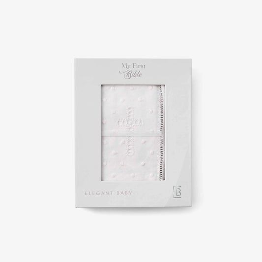 Elegant Baby My First Bible packaging with white embossed cover visible through window