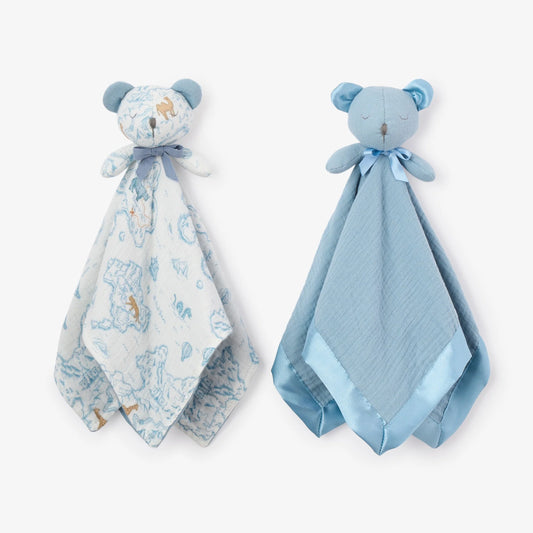 Elegant Baby Sleepy Pals blue bear security blankets with printed and solid designs