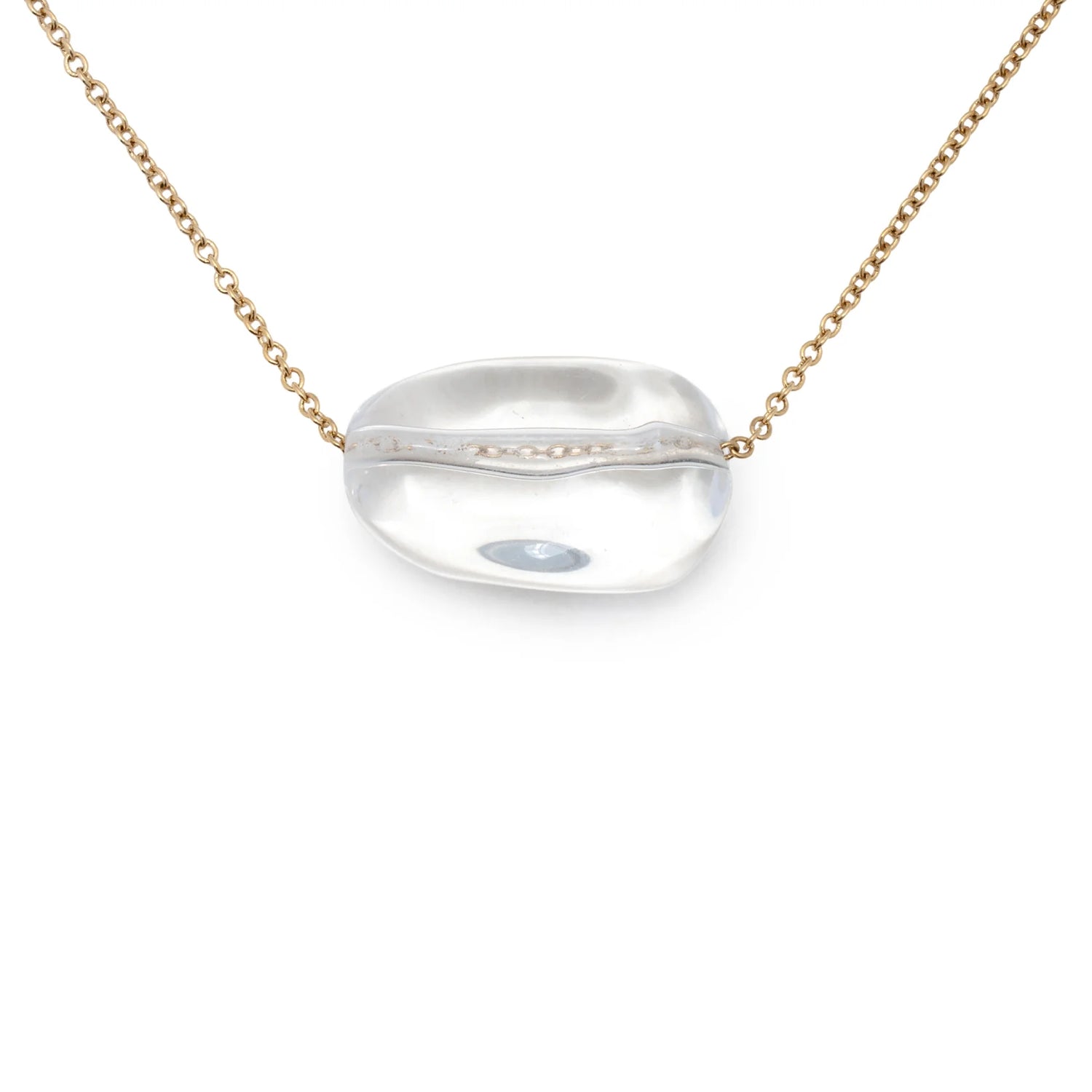 Introducing the Leslie Curtis Sabrina Necklace by Leslie Curtis—a delicate, tarnish-resistant 14-inch gold chain showcasing a single clear oval glass bead with a silver line through its center. This necklace embodies timeless elegance and subtle sophistication, making it perfect for any occasion.