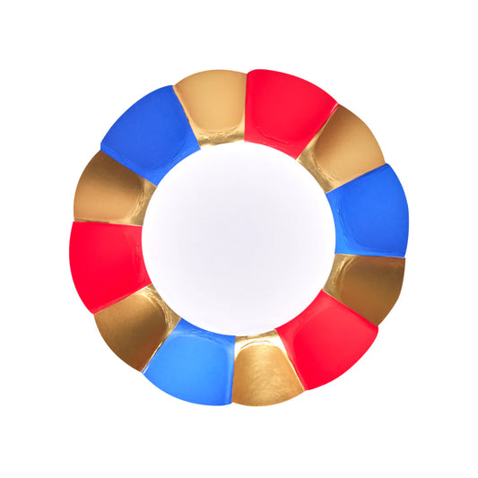 Sophistiplate Flower Appetizer Bowl with alternating red, blue, and gold foil segments around white center