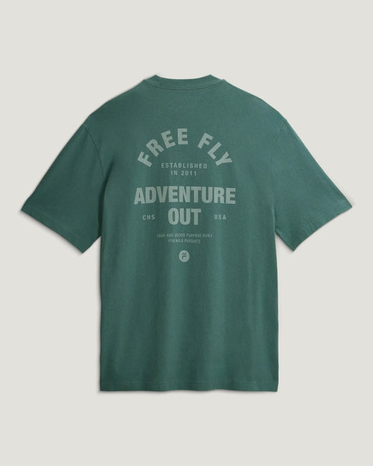Free Fly Gear & Goods Relaxed Tee in sage green, back view with 'Adventure Out' graphic