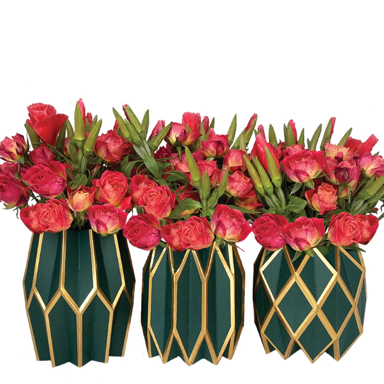 Three Vase Wraps by Lucy Grymes in forest green with gold accents, each holding vibrant red and pink roses with green leaves, arranged side by side against a white background.