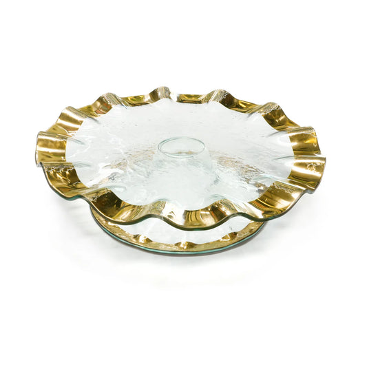 Annieglass Ruffle pedestal cake plate with white surface and wavy gold-trimmed edges