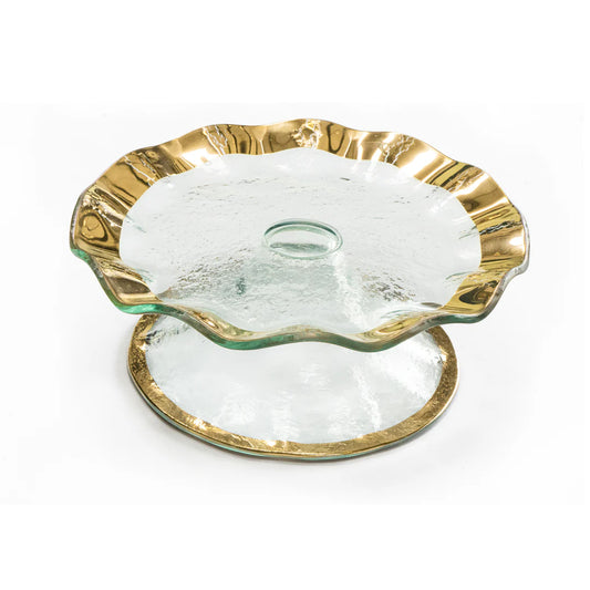 Annieglass Ruffle Petit Four Stand with ruffled gold rim, clear glass bowl and base