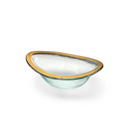 Annieglass Roman Antique Sauce Bowl, oval white dish with gold and sage trim