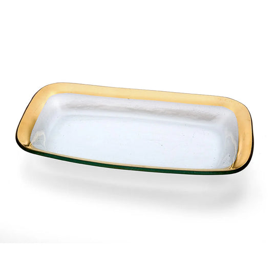 Annieglass Roman Antique rectangle asparagus bowl with gold and green rim on clear glass