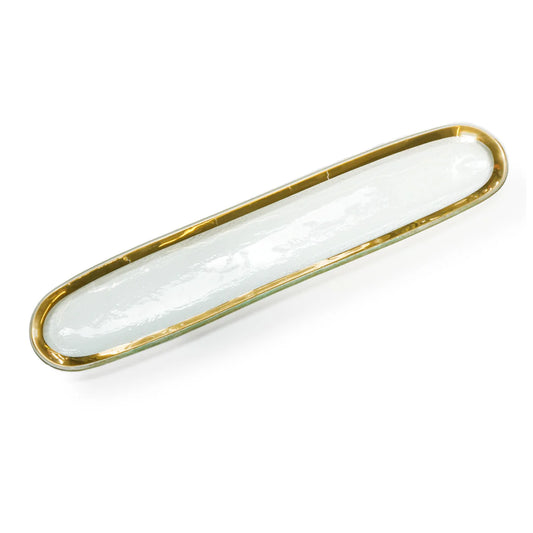 Annieglass Roman Antique Cracker Tray in clear glass with elongated rounded shape and gold trim