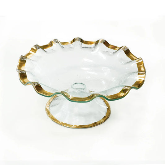 Annieglass Ruffle Footed Bowl, clear glass with scalloped gold rim and pedestal base