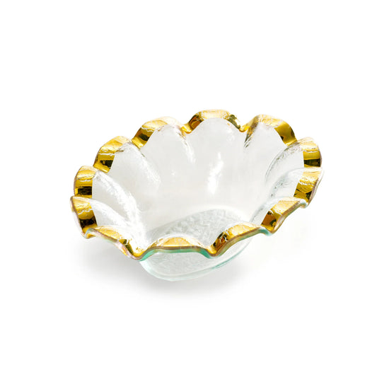 Annieglass Ruffle Oval Dip Bowl with ruffled white edges, gold rim, and textured base