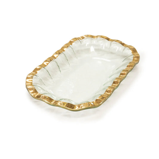 Annieglass Ruffle rectangular bowl with white interior and decorative ruffled gold rim
