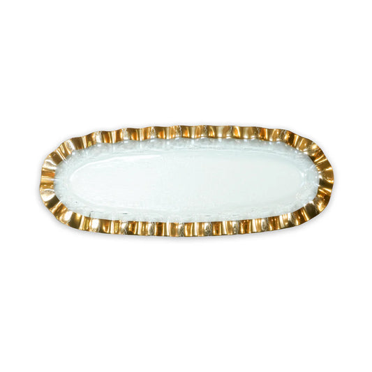 Annieglass Ruffle Narrow Oval Tray in clear glass with scalloped gold-leaf edge