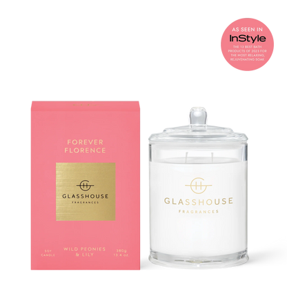 Glasshouse Forever Florence candle with coral pink box, wild peonies & lily scent