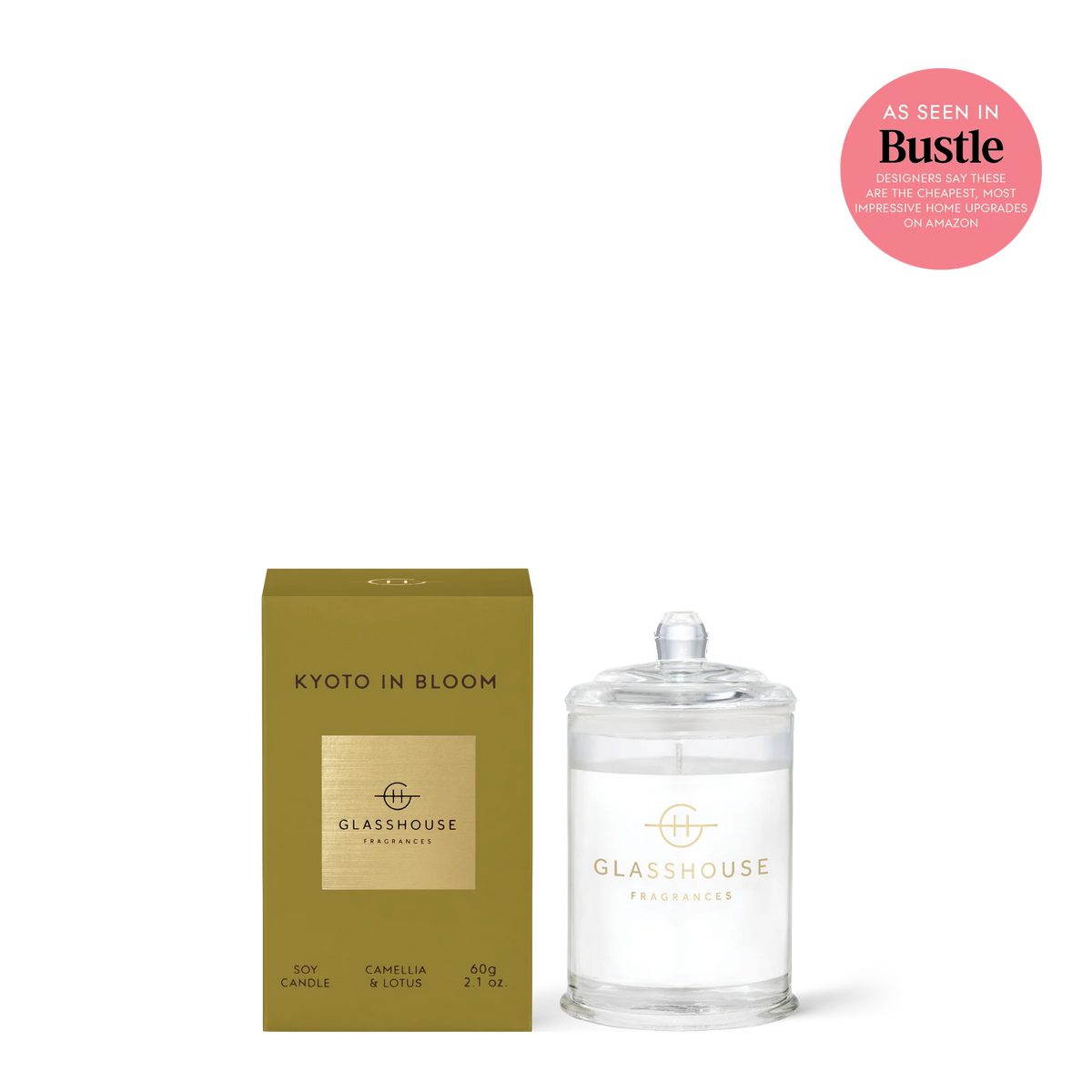 Glasshouse Kyoto in Bloom 2.1oz candle in clear glass jar with olive green box packaging