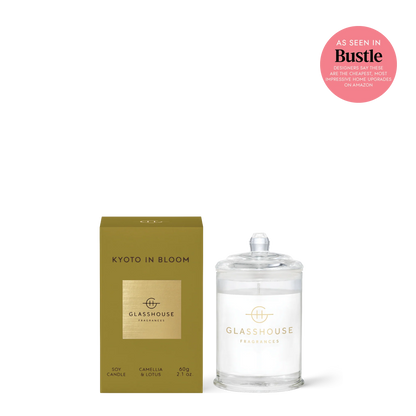 Glasshouse Kyoto in Bloom 2.1oz candle in clear glass jar with olive green box packaging