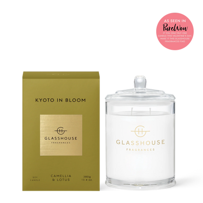 Glasshouse Kyoto in Bloom candle with olive green box, camellia & lotus scent