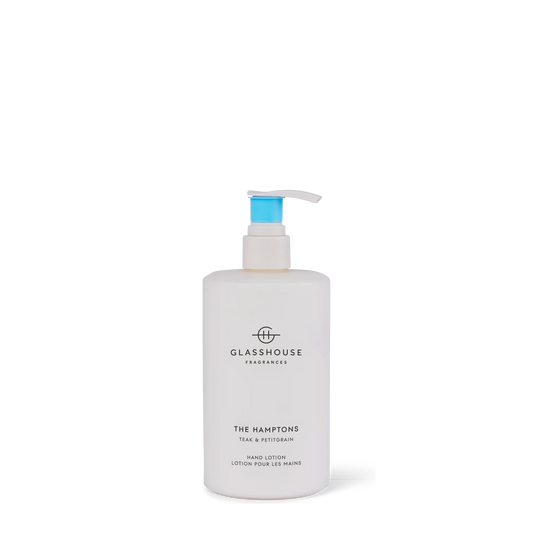 Glasshouse The Hamptons hand lotion in white pump bottle with blue cap