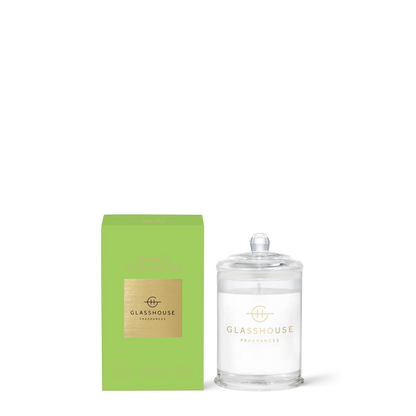 Glasshouse Candle 2.1 oz with lime-green box and glass jar with clear lid