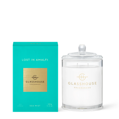 Glasshouse Lost in Amalfi candle with turquoise box, sea mist scent