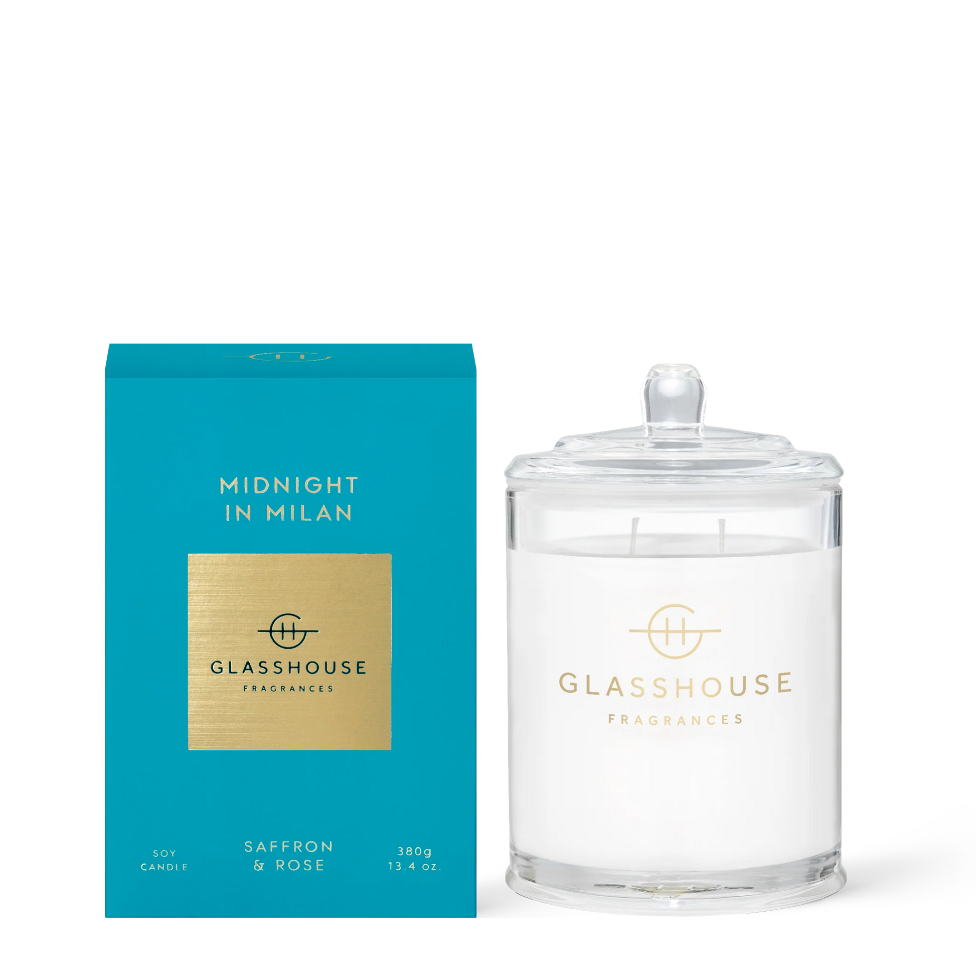 Glasshouse Midnight in Milan candle with turquoise box, saffron & rose scent