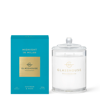 Glasshouse Midnight in Milan candle with turquoise box, saffron & rose scent