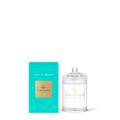 Glasshouse Lost in Amalfi 2.1oz candle in clear glass jar with turquoise box packaging