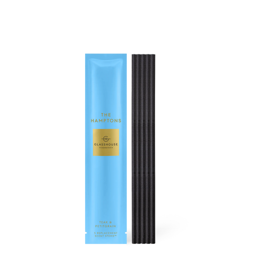 Glasshouse The Hamptons Scent Stems in sky blue box with black reed sticks
