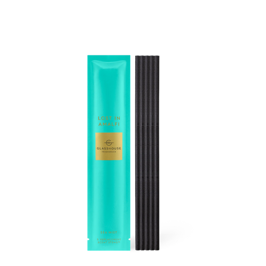 Glasshouse Lost in Amalfi Scent Stems in turquoise box with black reed sticks