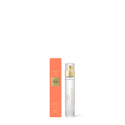 Glasshouse Sunset in Capri 0.47oz perfume with coral-orange box and white spray bottle