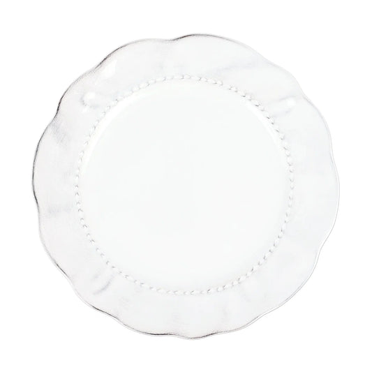 The Vietri “Giorno - Ash” Dinner Plate by Vietri is a white, round plate featuring a scalloped, wavy edge and a subtle beaded design around the inner rim, photographed from above on a white background.
