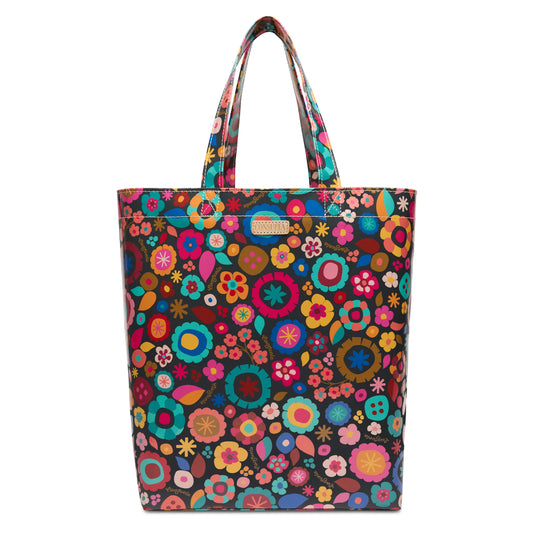 Consuela Grab 'n' Go Basic tote with colorful floral pattern in pink, blue, yellow, and teal on dark background