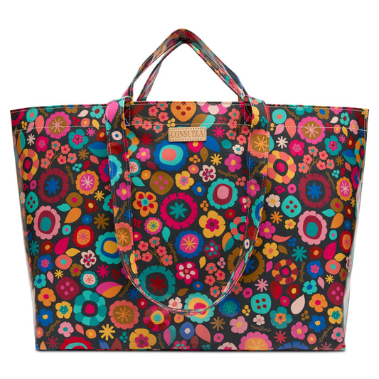Consuela Grab 'n' Go Jumbo tote with colorful floral pattern in pink, blue, yellow, and teal on dark background