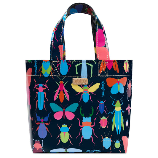 Consuela Grab 'n' Go Mini tote with dark navy background and vibrant multicolor insects and butterflies