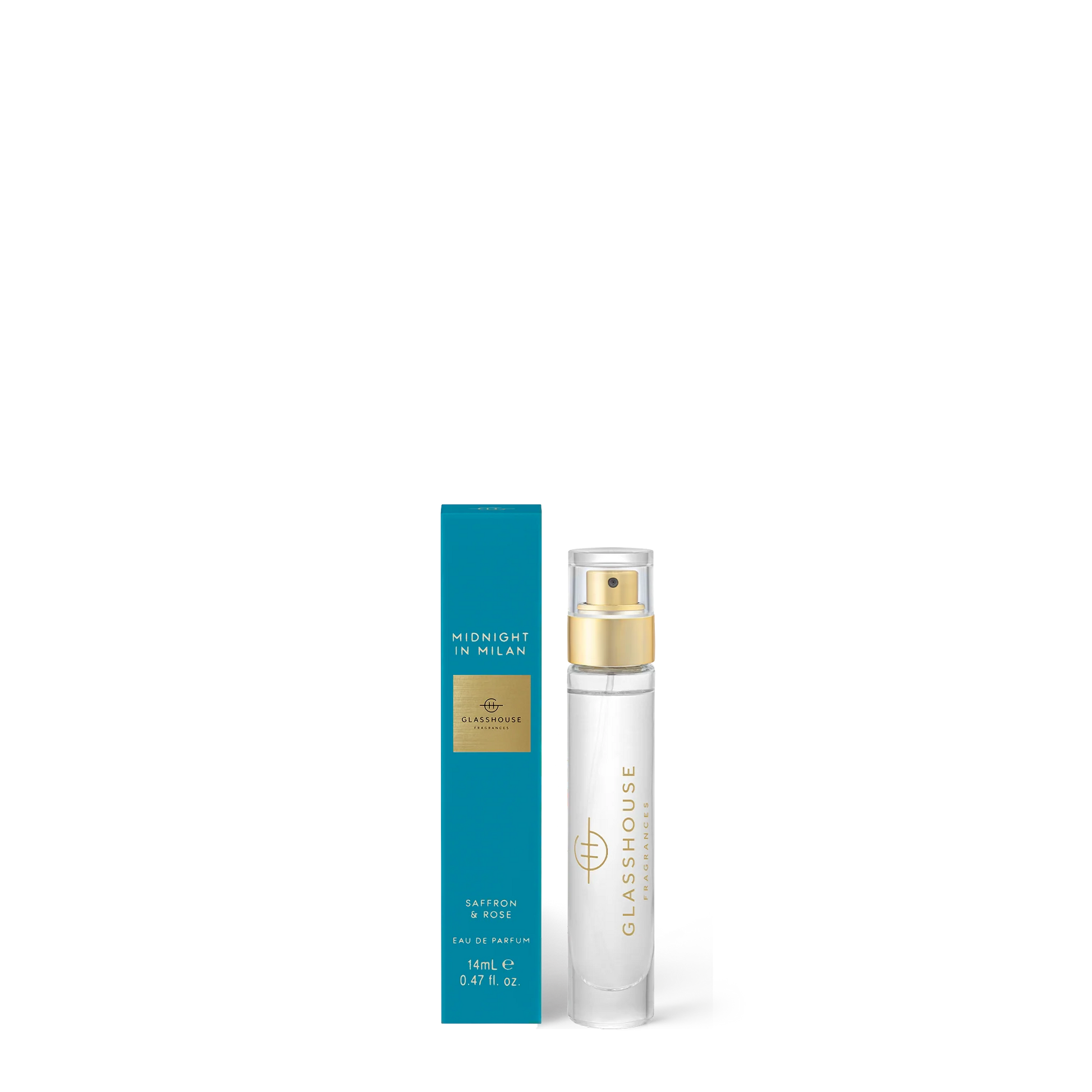 Glasshouse Midnight in Milan 0.47oz perfume with teal box and white spray bottle