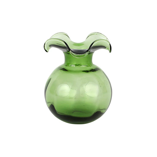Vietri Hibiscus dark green glass bud vase with ruffled rim opening