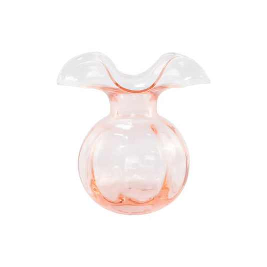 Vietri Hibiscus glass bud vase in pink with ruffled wavy rim, front view