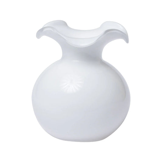 Vietri Hibiscus white glass small fluted vase with curved ruffled top and sunburst detail