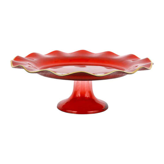 Vietri Holiday glass cake stand with red ruffled rim and pedestal base