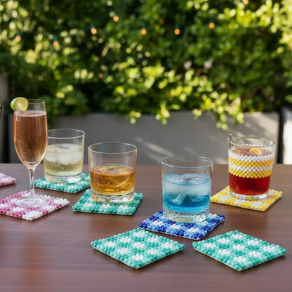 Hazel Mazel - Acrylic Beaded Coasters with Gingham Pattern