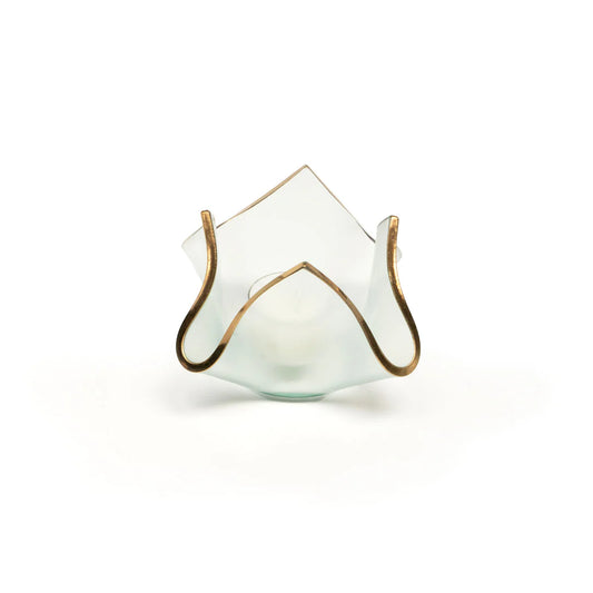 Annieglass Handkerchief votive in clear glass with bronze curved handles