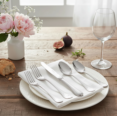 Formal place setting with silver flatware, white plates, pink peonies, and wine glass on wood table